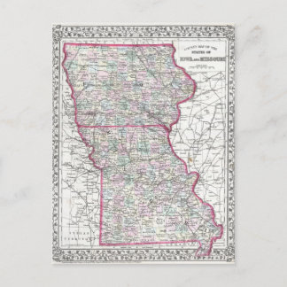 Antique Karta of Iowa & Missouri circa 1874 Vykort
