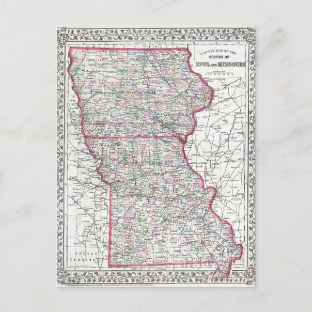 Antique Karta of Iowa & Missouri circa 1874 Vykort (Framsida)