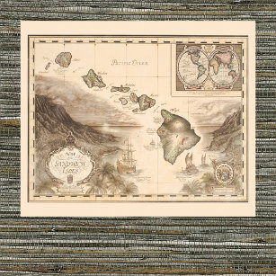 Antique karta på Sandwich Isles, Hawaii 1700-talet Poster