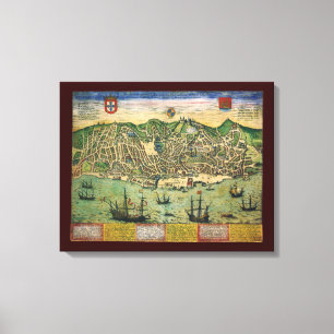 Antique Karta, Town Plan of Lisbon, Portugal, 1598 Canvastryck