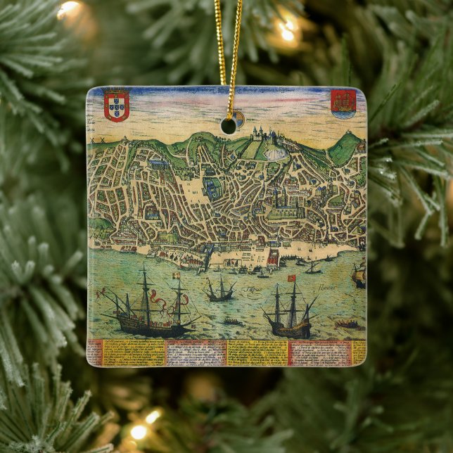 Antique Karta, Town Plan of Lisbon, Portugal, 1598 Julgransprydnad Keramik (Träd)