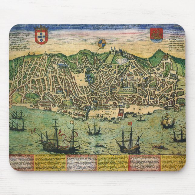 Antique Karta, Town Plan of Lisbon, Portugal, 1598 Musmatta (Framsidan)