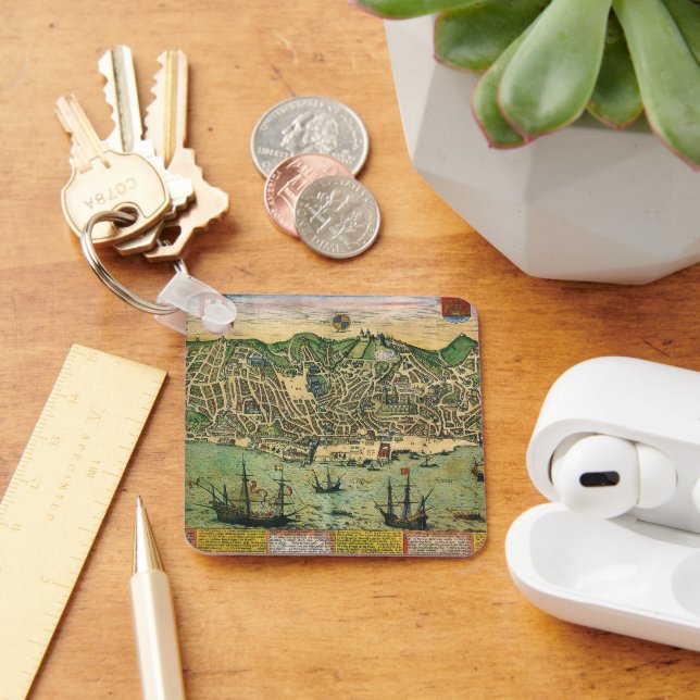 Antique Karta, Town Plan of Lisbon, Portugal, 1598 Nyckelring (Skrivbord)