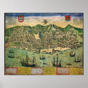 Antique Karta, Town Plan of Lisbon, Portugal, 1598 Poster