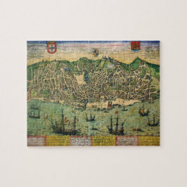 Antique Karta, Town Plan of Lisbon, Portugal, 1598 Pussel