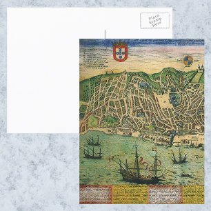 Antique Karta, Town Plan of Lisbon, Portugal, 1598 Vykort