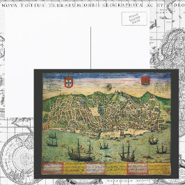 Antique Karta, Town Plan of Lisbon, Portugal, 1598 Vykort
