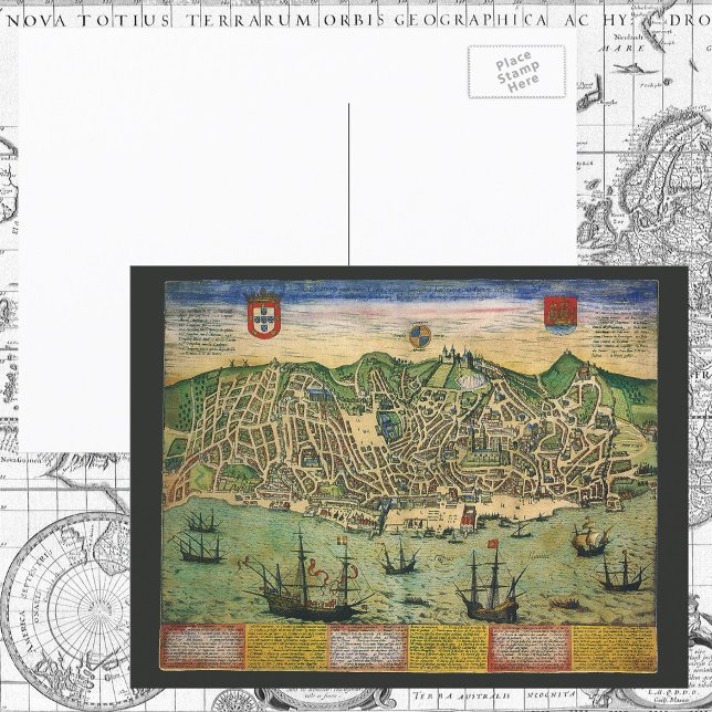 Antique Karta, Town Plan of Lisbon, Portugal, 1598 Vykort (Skapare uppladdad)
