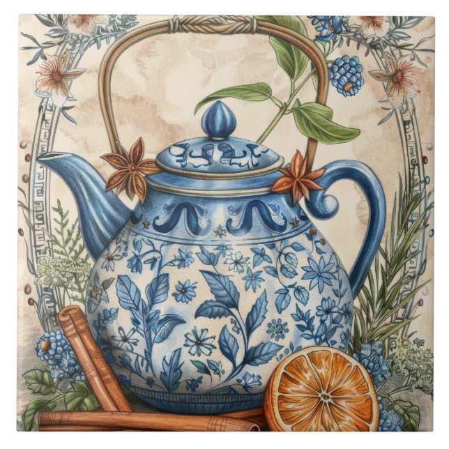 Antique Kettle Blue Lemons Cinnamon Kakelplatta (Framsidan)