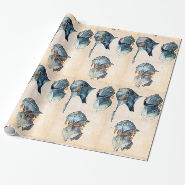 ANTIQUE KNIGHT ARMORS / TRE STUDIER AV HELMET PRESENTPAPPER (Utrullad)