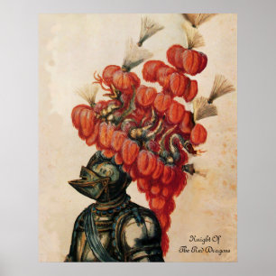 ANTIQUE KNIGHT HELMET, DRAGONER OCH RÖDA FJÄDRAR POSTER