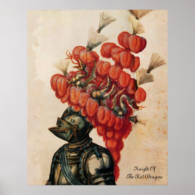 ANTIQUE KNIGHT HELMET, DRAGONER OCH RÖDA FJÄDRAR POSTER (Framsidan)