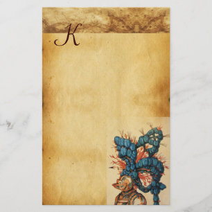 ANTIQUE KNIGHT HELMET MED RED BLUE FEATHERS BREVPAPPER