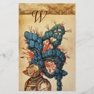 ANTIQUE KNIGHT HELMET MED RED BLUE FEATHERS BREVPAPPER