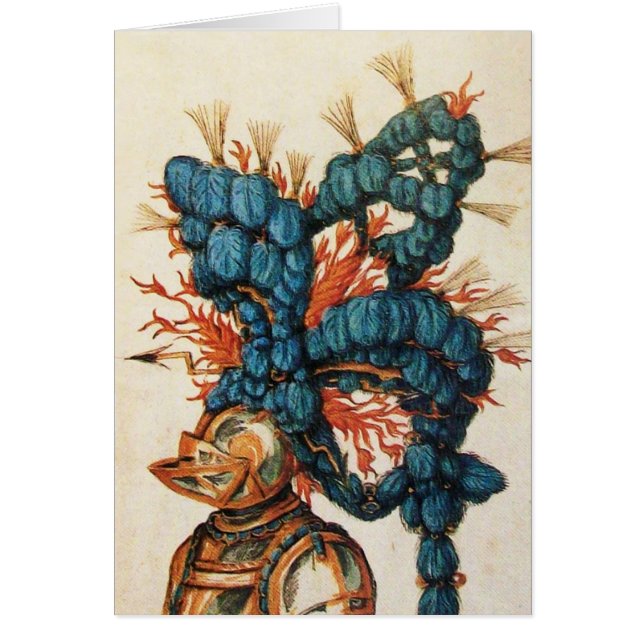 ANTIQUE KNIGHT HELMET MED RED BLUE FEATHERS HÄLSNINGSKORT (Framsidan)