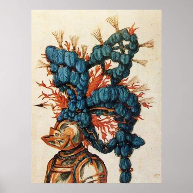ANTIQUE KNIGHT HELMET MED RED BLUE FEATHERS POSTER (Framsidan)