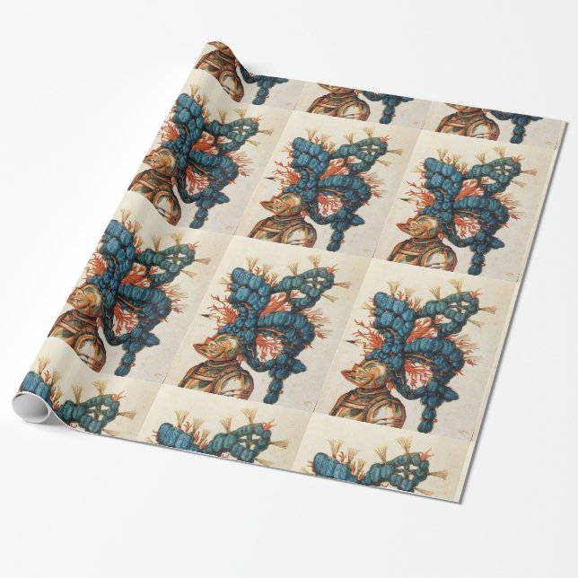 ANTIQUE KNIGHT HELMET MED RED BLUE FEATHERS PRESENTPAPPER (Utrullad)