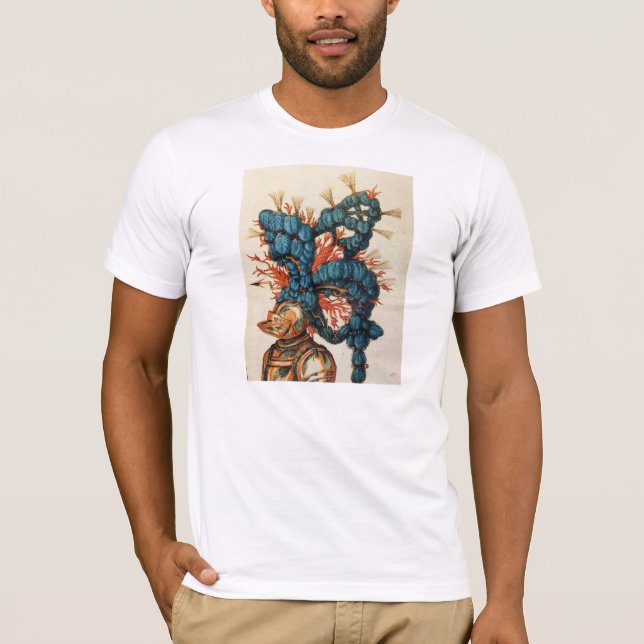 ANTIQUE KNIGHT HELMET MED RED BLUE FEATHERS T-SHIRT (Framsida)