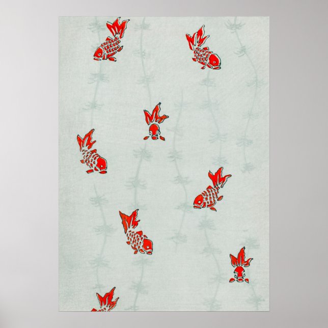 Antique Koi Goldfish Japanskt träblock Skriv ut Poster (Framsidan)