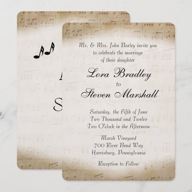 Antique Lakan Music Theme Wedding bjudande Inbjudningar (Fram/baksida)