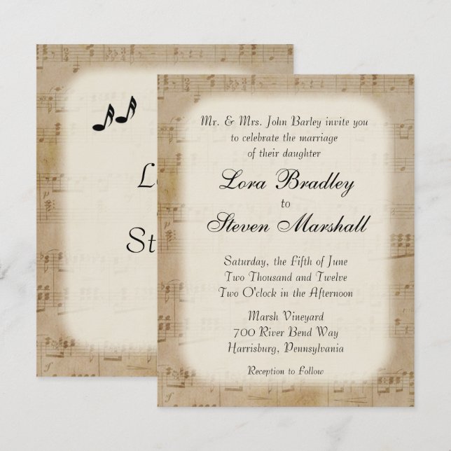 Antique Lakan Music Theme Wedding bjudande Inbjudningar (Fram/baksida)