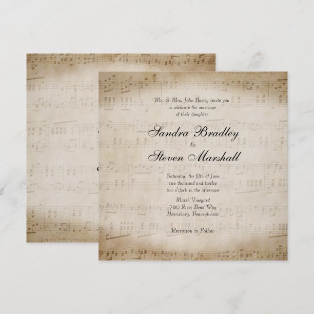 Antique Lakan Music Theme Wedding bjudande Inbjudningar (Fram/baksida)