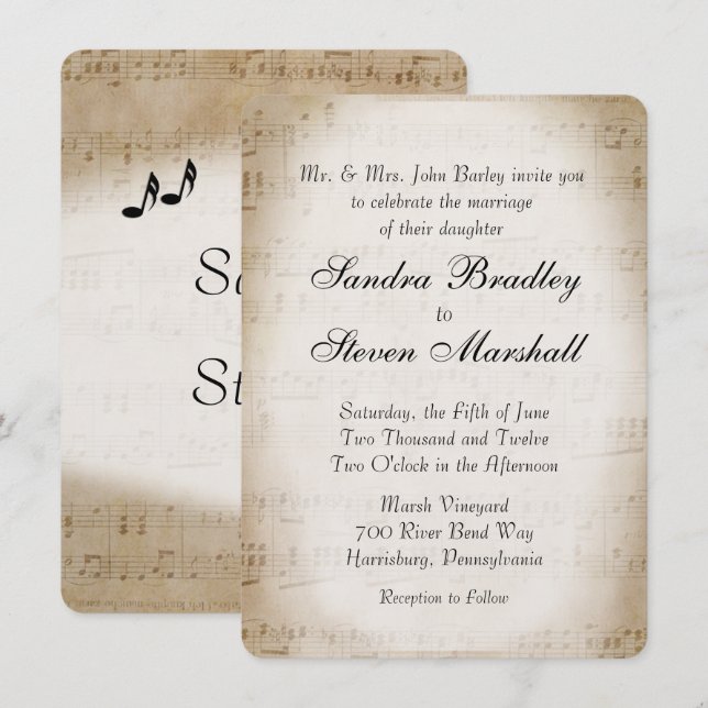 Antique Lakan Music Theme Wedding bjudande Inbjudningar (Fram/baksida)