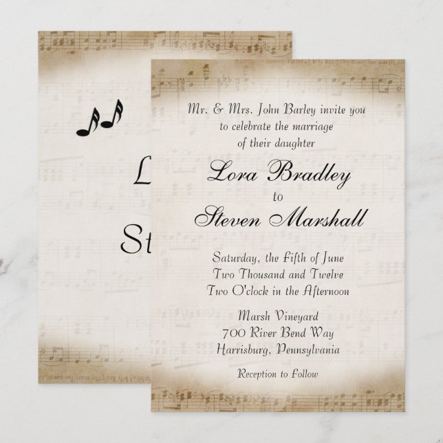 Antique Lakan Music Theme Wedding bjudande Inbjudningar (Fram/baksida)