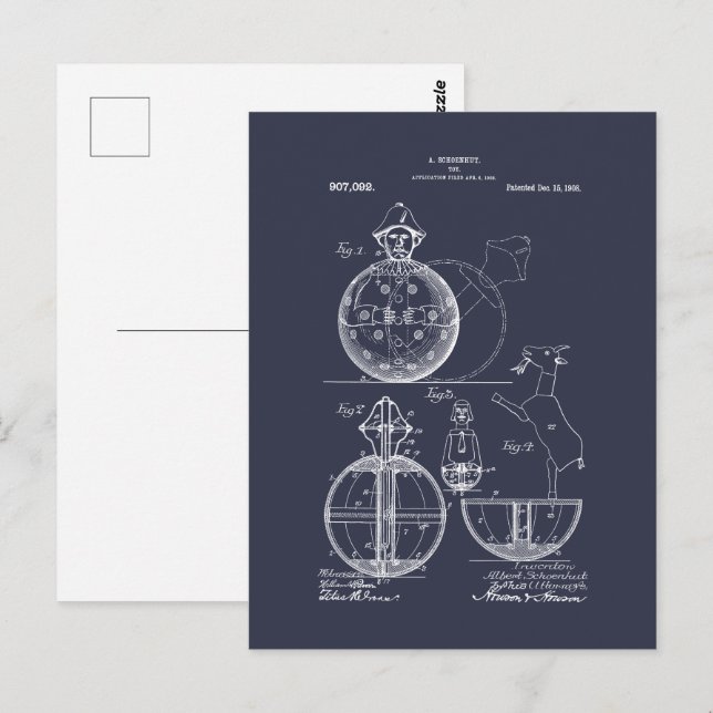 Antique Leksak 1908 Roly Poly Patent Teckning Vykort (Fram/baksida)