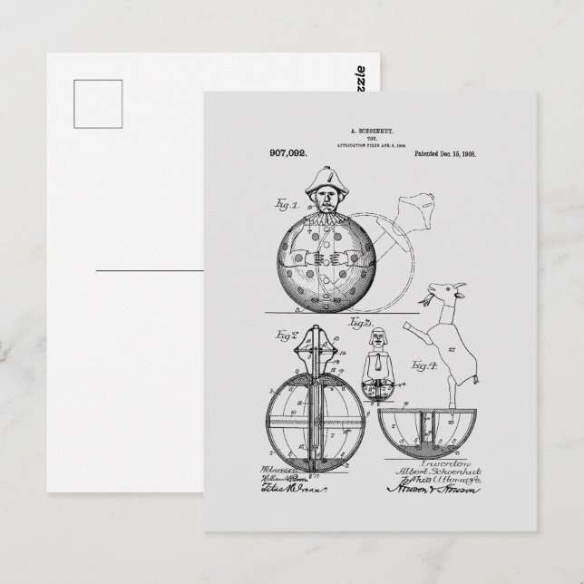 Antique Leksak 1908 Roly Poly Patent Teckning Vykort (Fram/baksida)