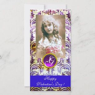 ANTIQUE LILA DAMASK Amethyst Monogram blue Julkort
