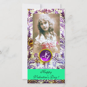 ANTIQUE LILA DAMASK Amethyst Monogram grönt Julkort