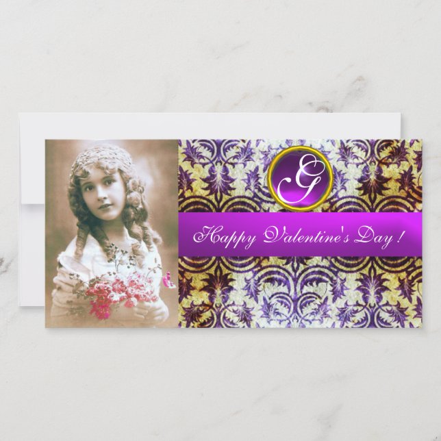 ANTIQUE LILA DAMASK Amethyst Monogram Julkort (Framsida)