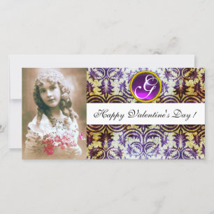 ANTIQUE LILA DAMASK Amethyst Monogram vit Julkort