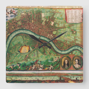 Antique London Street Karta av Johannes de Ram, 16 Fyrkantig Klocka