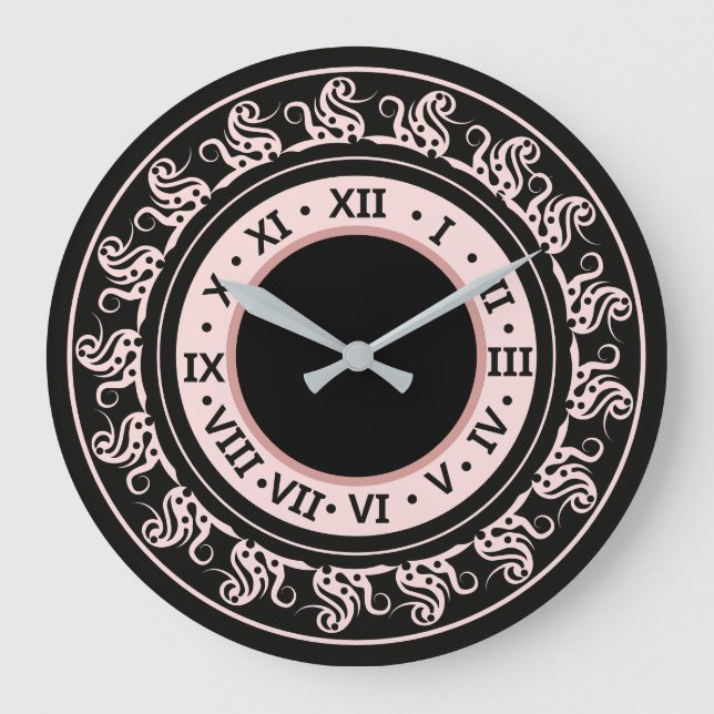 Antique look Black and Peachy Rosa Roman Numerals Stor Klocka (Framsida)