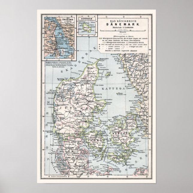 Antique Map of Denmark, Danemark, Danmark Poster (Framsidan)