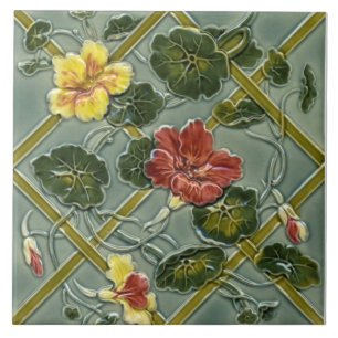 Antique Minton Blommigt Trellis Majolica Tile Repr Kakelplatta