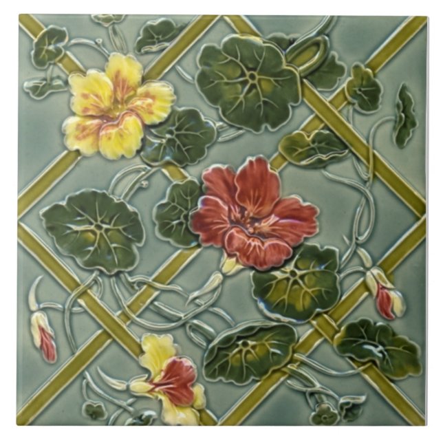 Antique Minton Blommigt Trellis Majolica Tile Repr Kakelplatta (Framsidan)