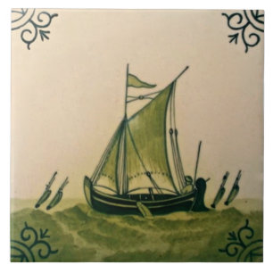 Antique Minton Hollins Delft Boat Tile #1 Repro Kakelplatta