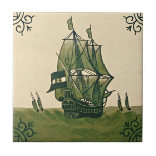 Antique Minton Hollins Delft Boat Tile #3 Repro Kakelplatta