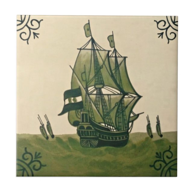 Antique Minton Hollins Delft Boat Tile #3 Repro Kakelplatta (Framsidan)