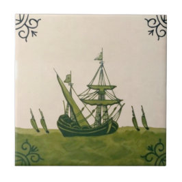 Antique Minton Hollins Delft Boat Tile #4 Repro Kakelplatta
