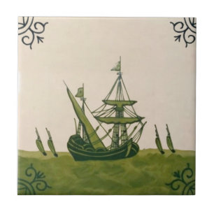 Antique Minton Hollins Delft Boat Tile #4 Repro Kakelplatta