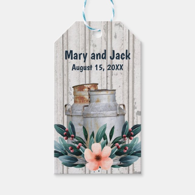 Antique Mjölk Cans Rustic Monogram Bröllop Metall Presentetikett (Framsidan)