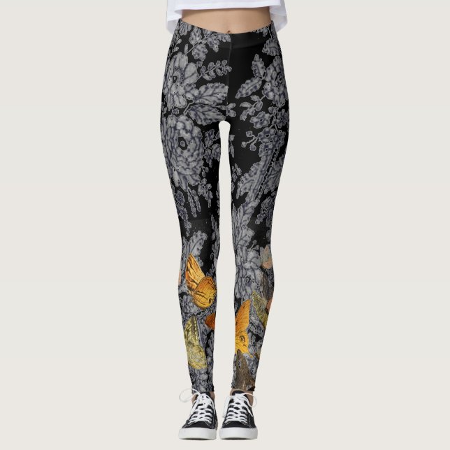 ANTIQUE MÖNSTER BUTTERFLIES BLACK LEGGINGS SNÖRE (Framsida)