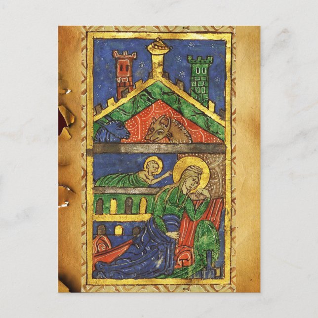 ANTIQUE NATIVITY CHRISTMAS PARCHMENT HELG VYKORT (Framsida)