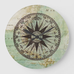 Antique Nautical Compass & Karta Clock Stor Klocka
