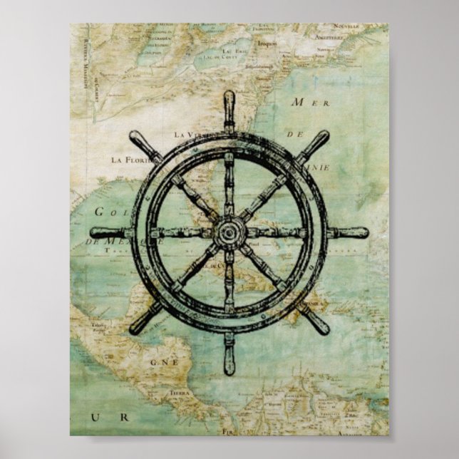 Antique Nautical Fraktass Wheel & Karta Poster (Framsidan)