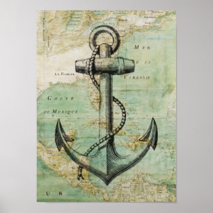 Antique Nautical Karta & Anchor Poster